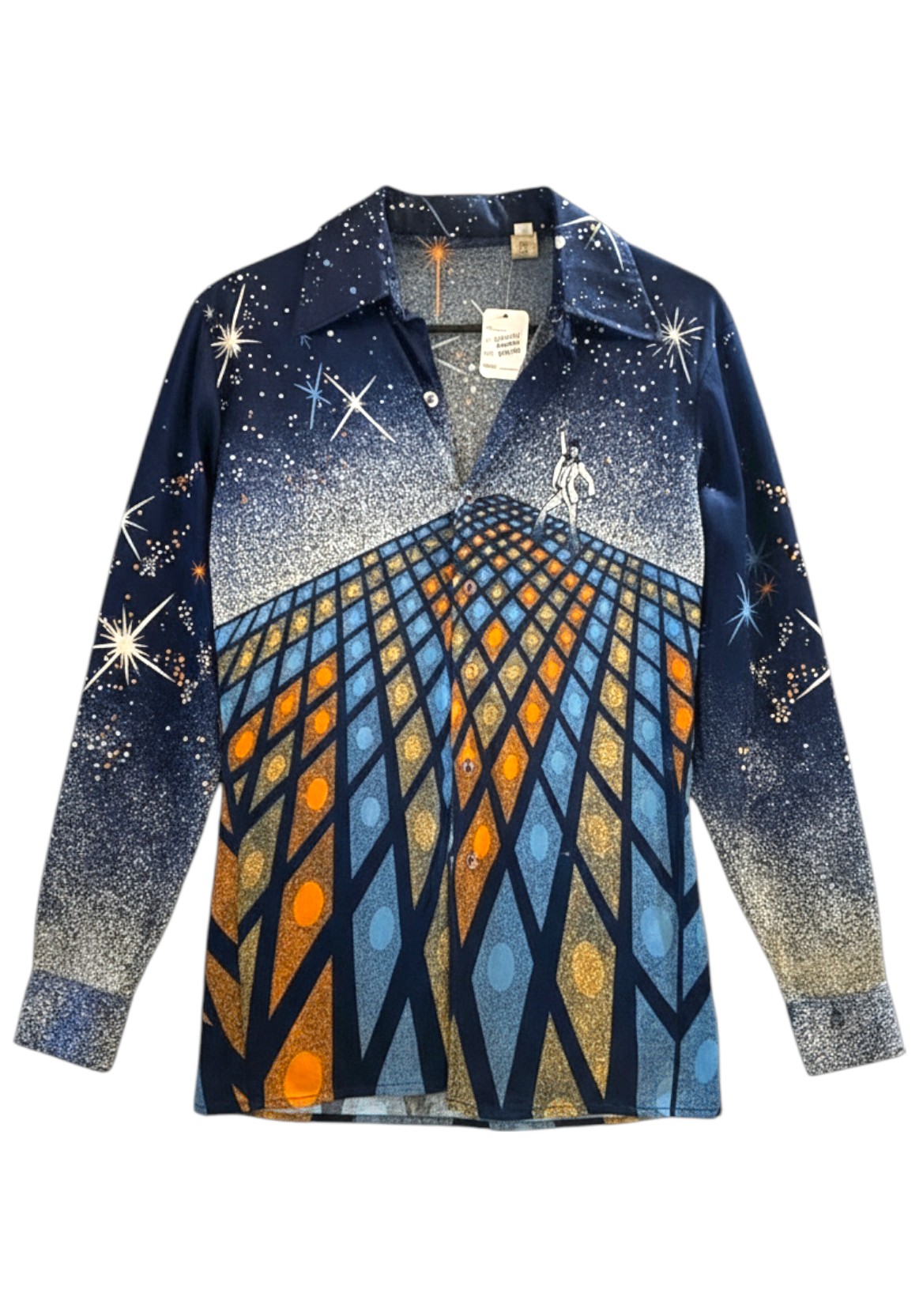 Vintage Saturday Night Fever Disco Shirt – 1970s Polyester – Dance Floor Print with John Travolta Silhouette