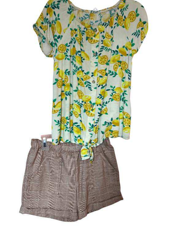 Girls' Lemon Print Button Tie-Blouse Short Set