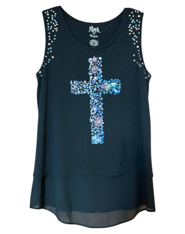 Women's Black Cross Rhinestone Tee