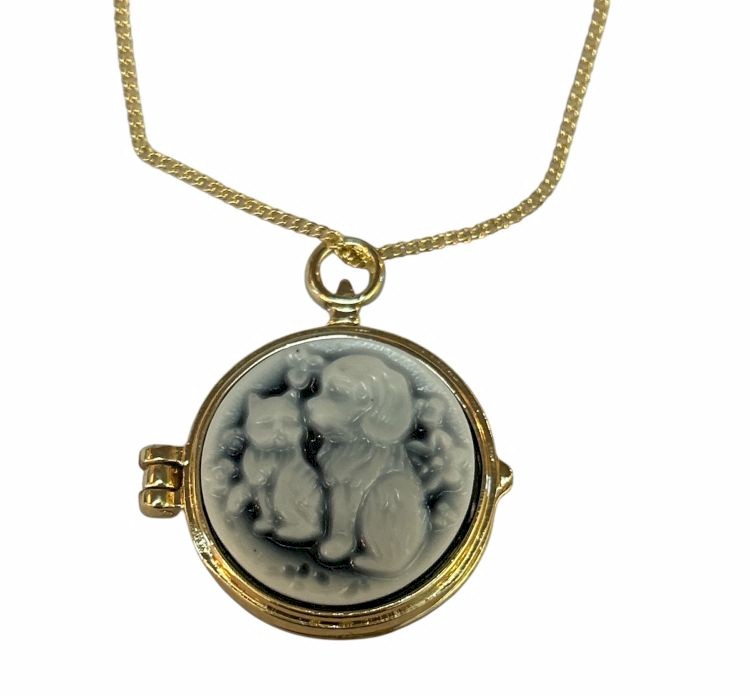 10" - Gold Tone Dog and Cat Cameo Locket Necklace