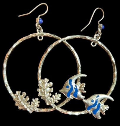 Tropical Angelfish Dangle Earrings – 2 Inch Silver Hoop with Blue Enamel Detail