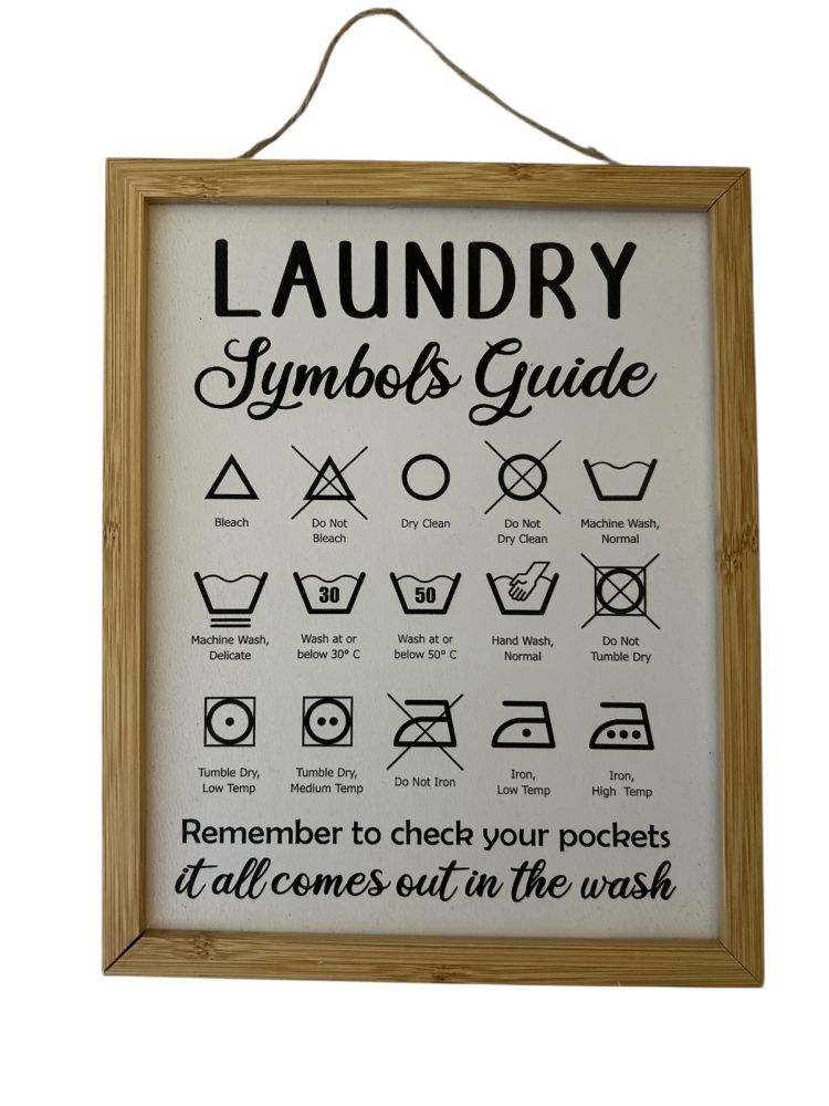 Laundry Symbols Guide Sign with Wooden Frame 10x8"