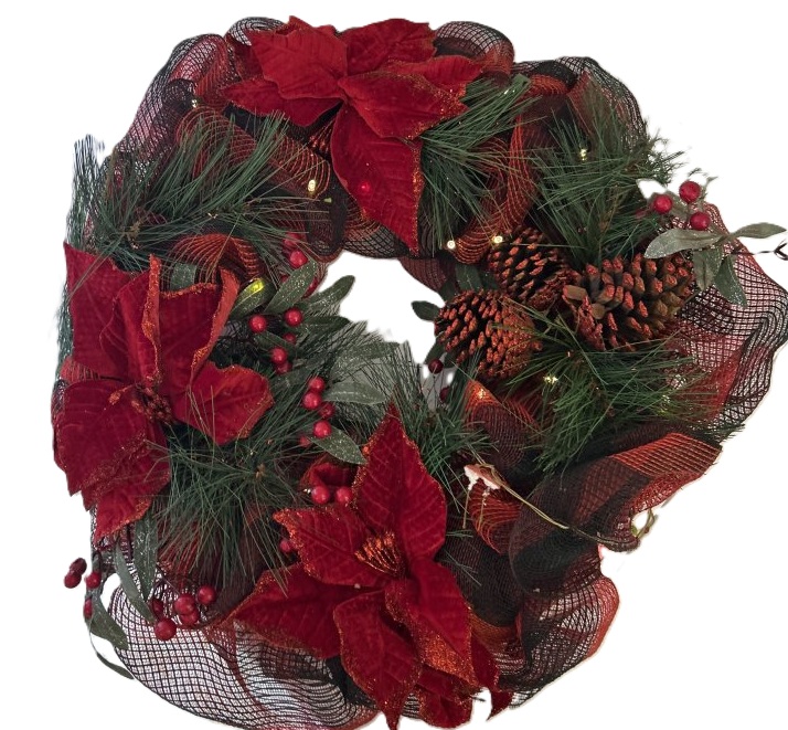 Holiday Wreath with Poinsettias and Pinecones
