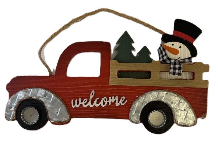 Wood Truck Welcome Sign with Snowman