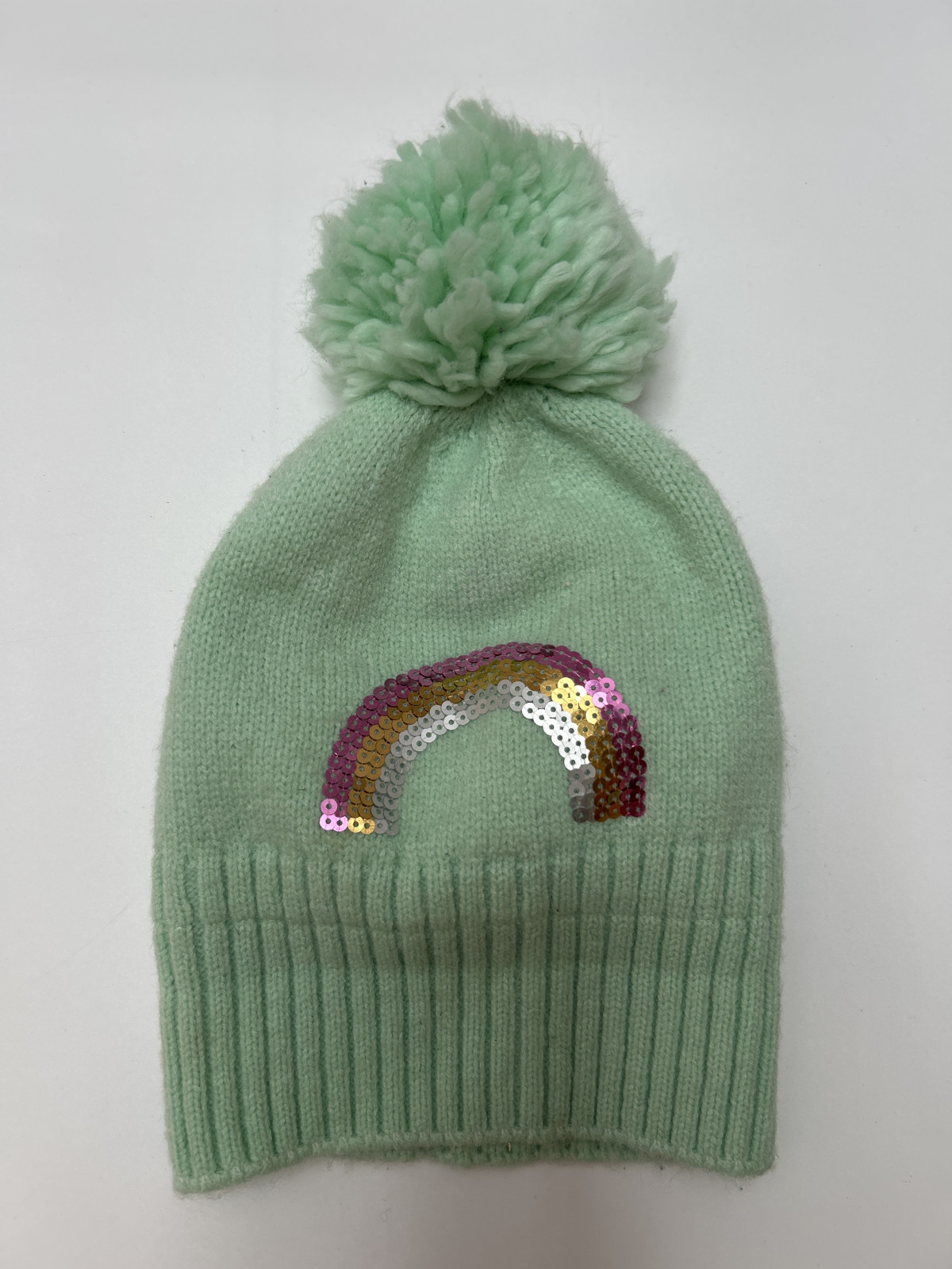 Kids' Mint Beanie with Pom Pom and Sequin Rainbow