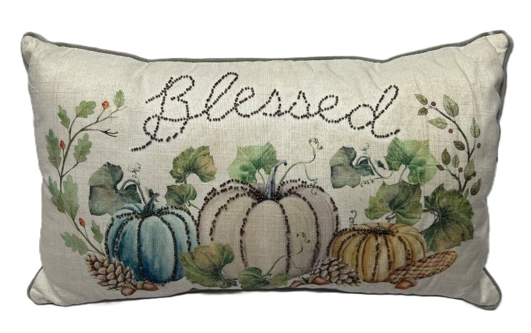 Decorative 'Blessed' Pillow with Pumpkin Design