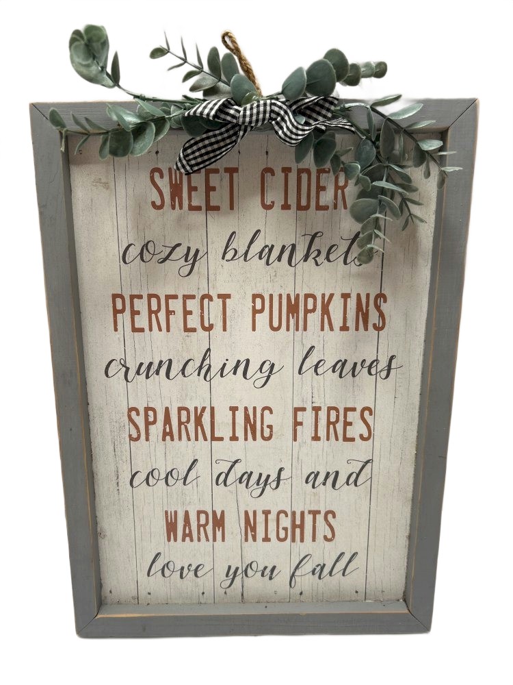 Decorative Fall Themed Wall Sign with Faux Eucalyptus 16.5x11.5