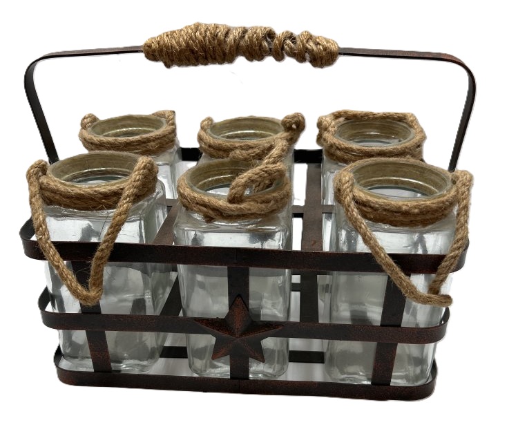 Glass Jars with Rope in Metal Holder