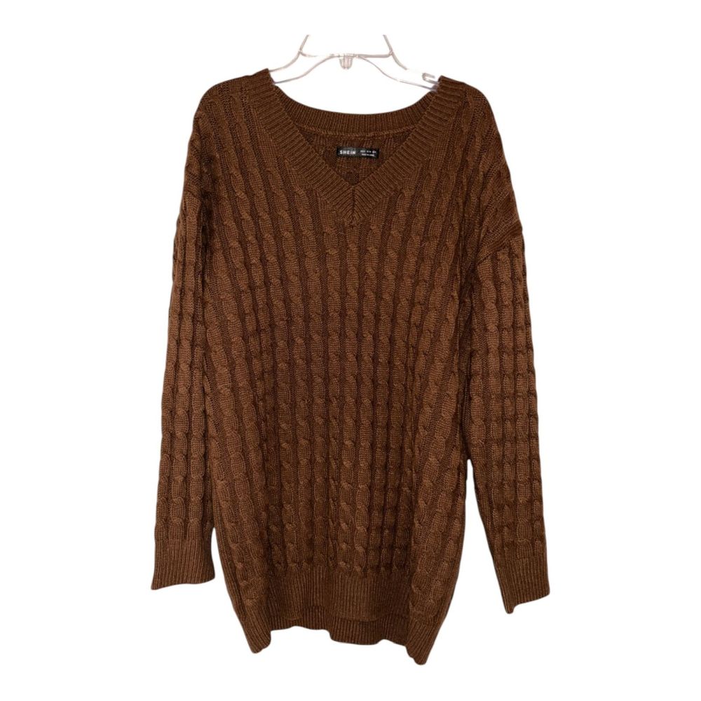 Women's Cable Knit Sweater by Shein - Cozy Brown V-Neck