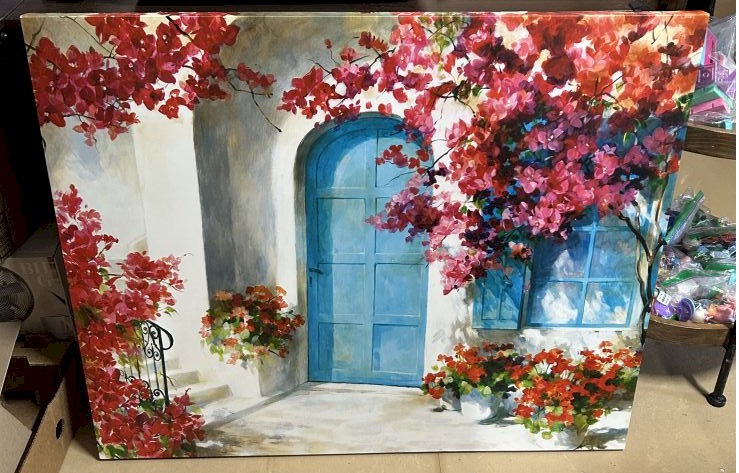 30.5"x37" - Canvas Painting - Floral Blue Door Scene