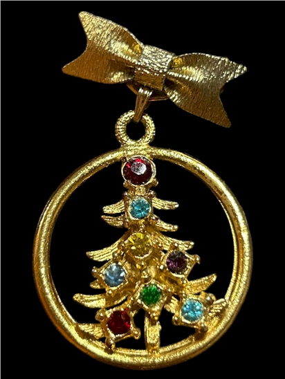 Gold-Tone Christmas Tree Brooch with Rhinestones