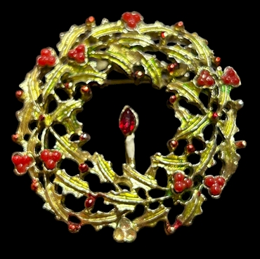 Gold-Tone Christmas Wreath Pin with Candle Accent