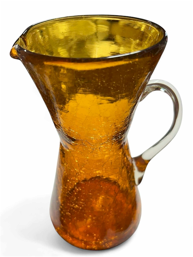 Vintage Amber Crackle Glass Pitcher – Handblown, 7" Tall