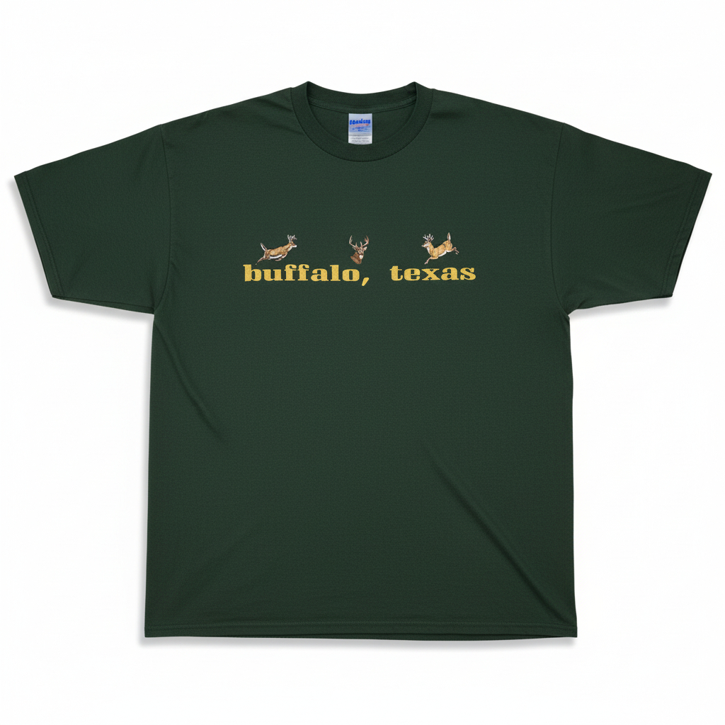 Unisex Buffalo Texas Graphic T Shirt by Jerzees Heavyweight Green Deer Hunting Style Tee