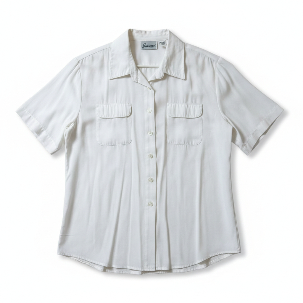 Women's Short Sleeve Button Front Blouse by Joanna Classic Collared White Lightweight Career Top With Chest Pockets