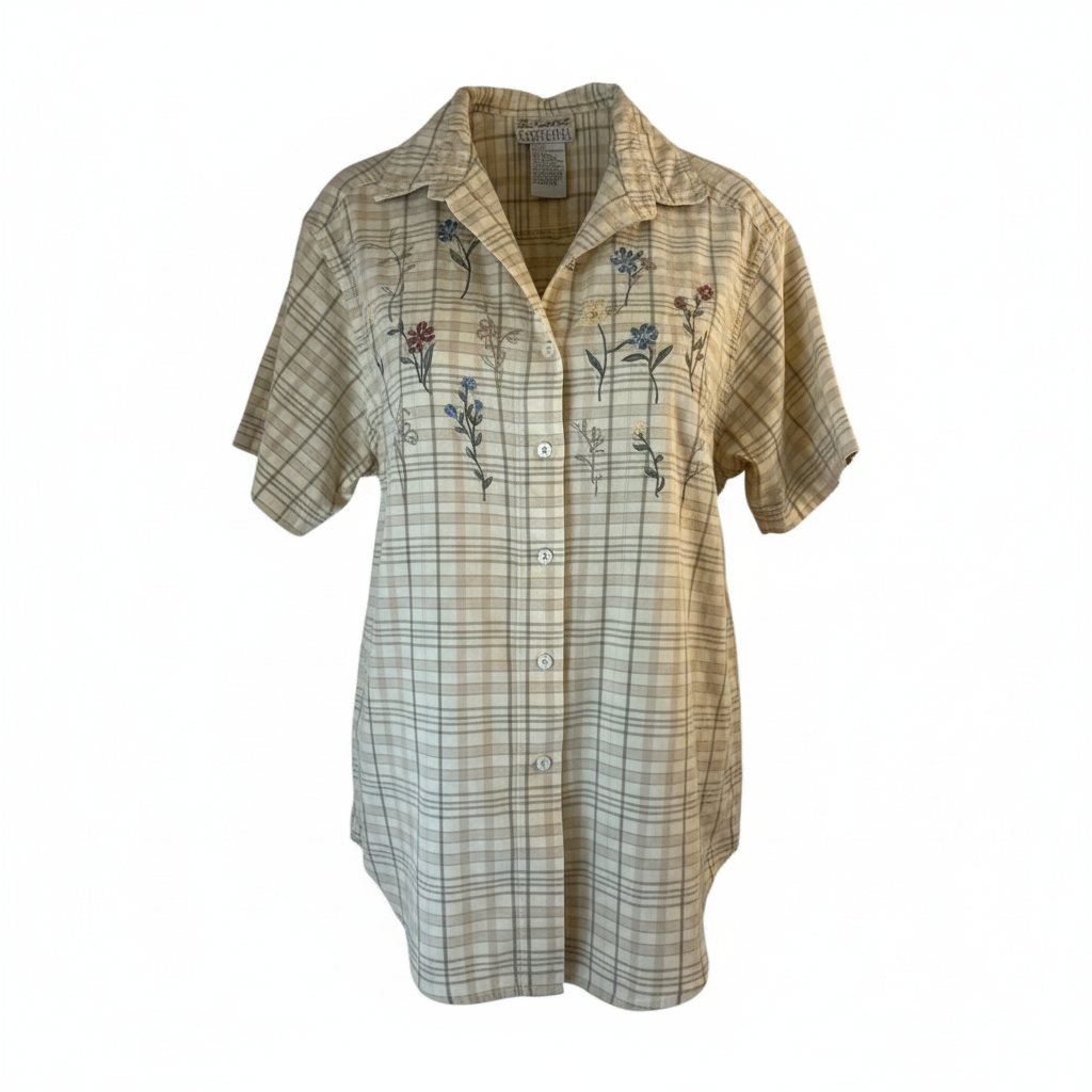 Women's Short Sleeve Button Front Blouse by Casey and Max Plaid Embroidered Floral Casual Lightweight Shirt