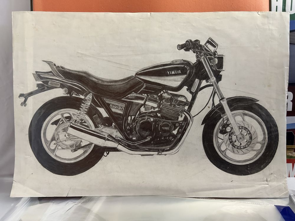 1980s Hand Drawn Yamaha Motorcycle Signed Print 20x30 NM