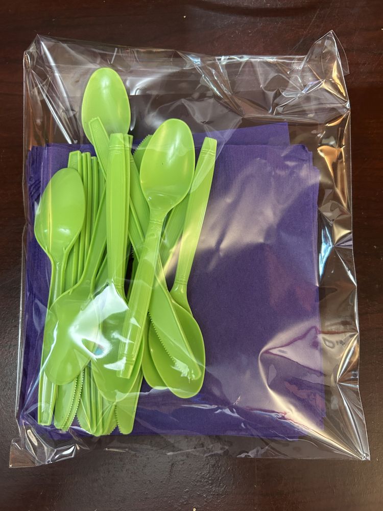 Green Plasticware with Purple Napkins Set