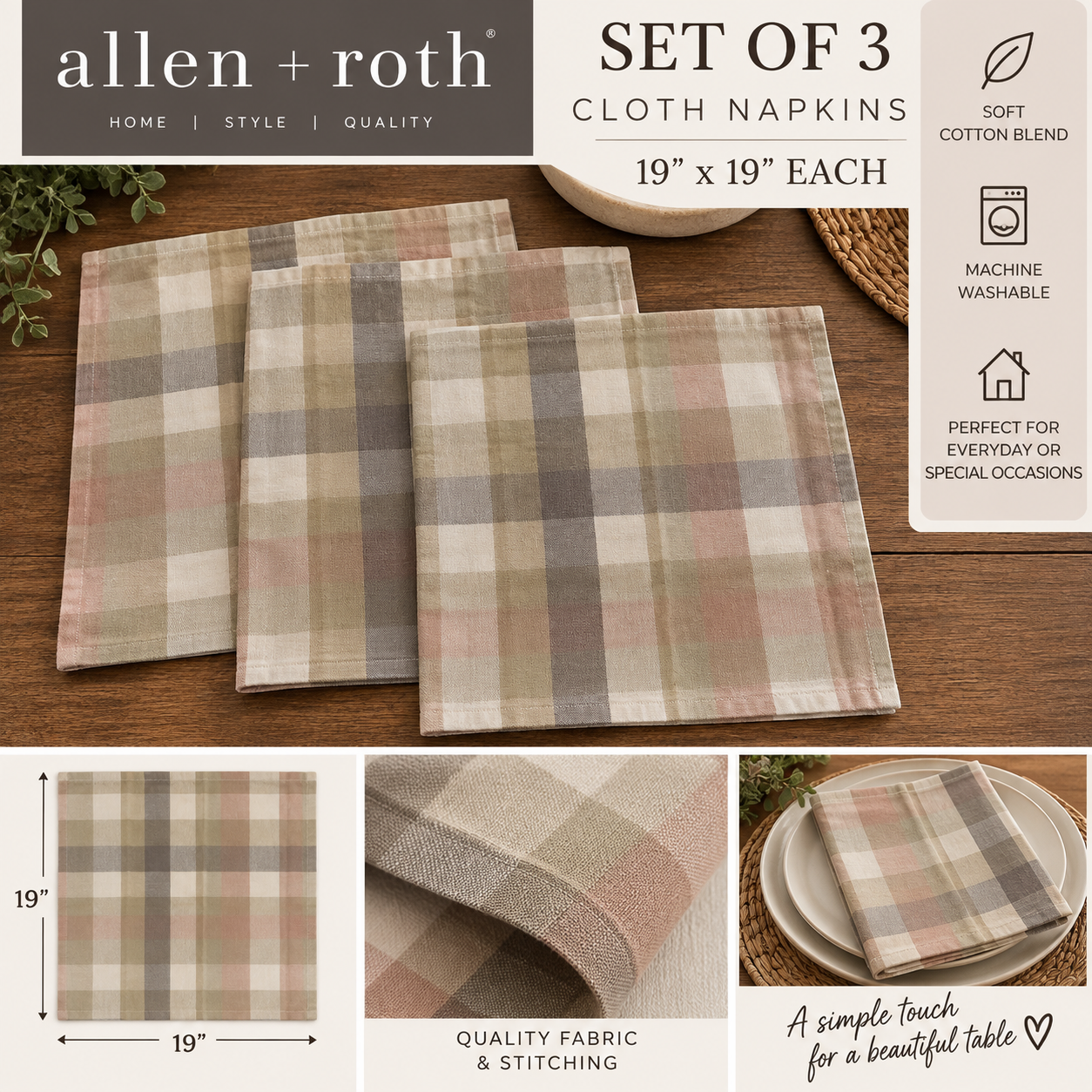 Allen + Roth Set of 3 Cloth Napkins 19” x 19”