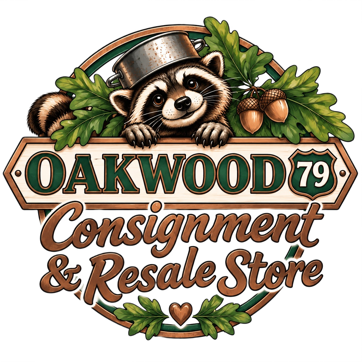 Oakwood 79 Consignment & Resale raccoon logo
